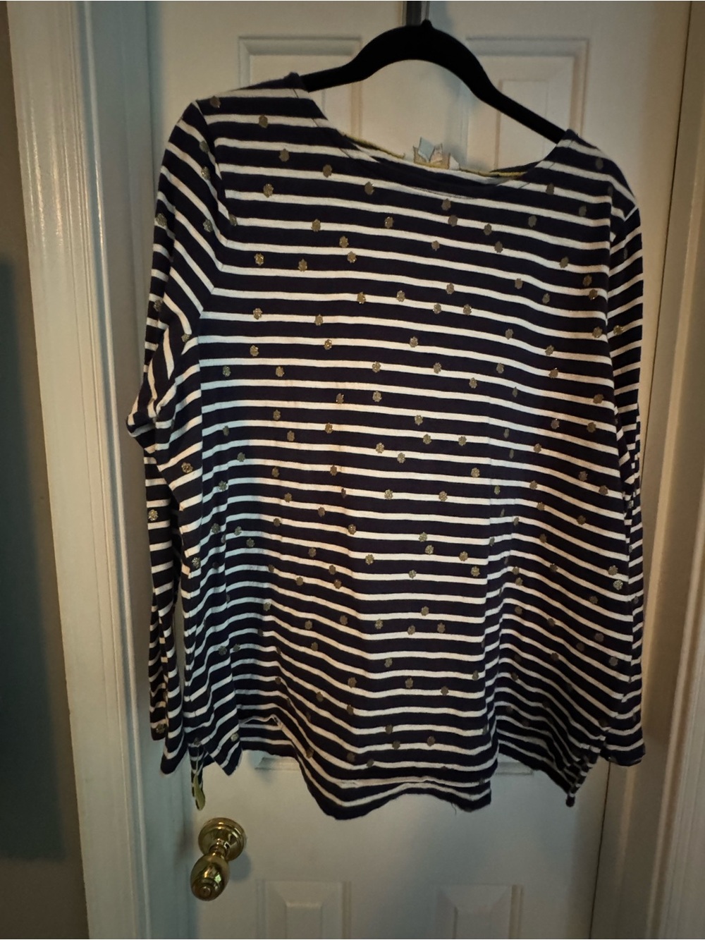 Boden Navy and White Striped Long Sleeve Top with Gold Dot Trim